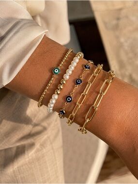 Gold Tone Evil Eye Faux Pearl Stackable Bracelet Set